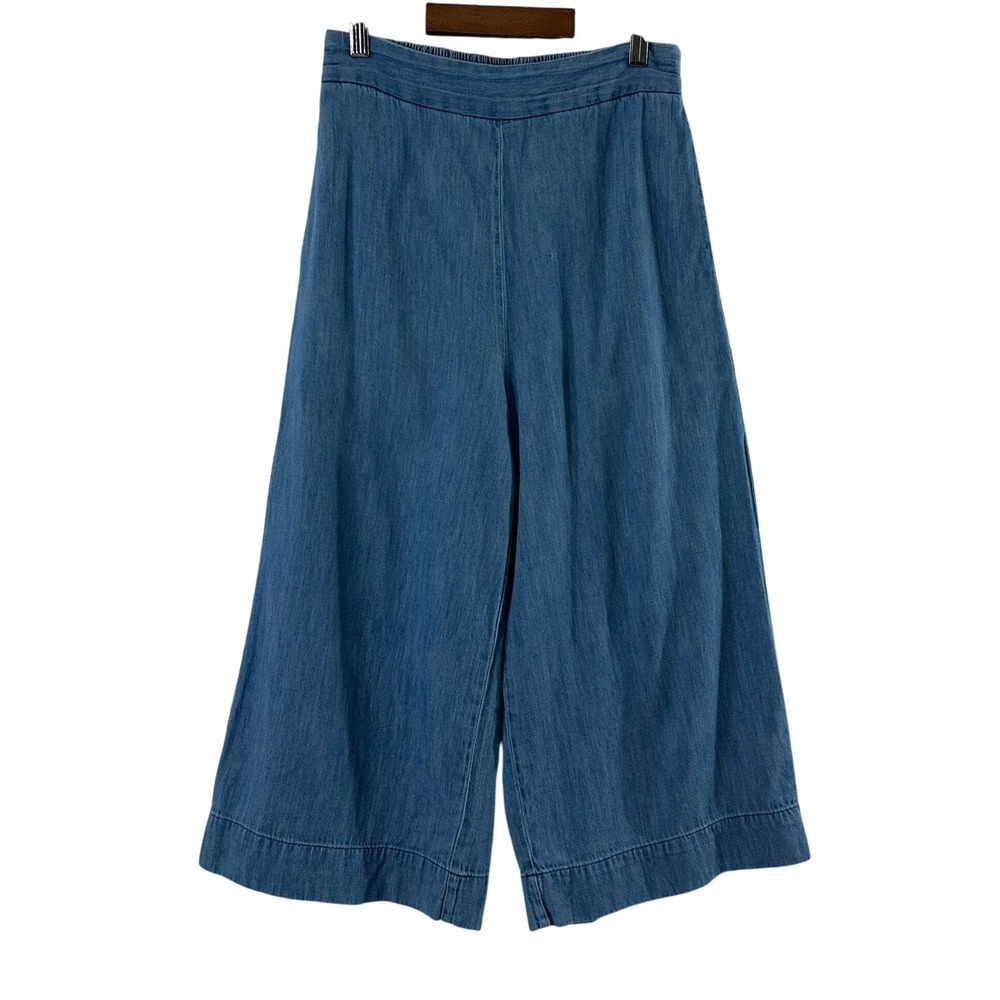 Madewell Blue Cotton Linen Wide Leg Crop Pants Elastic Waist Culottes Womens S